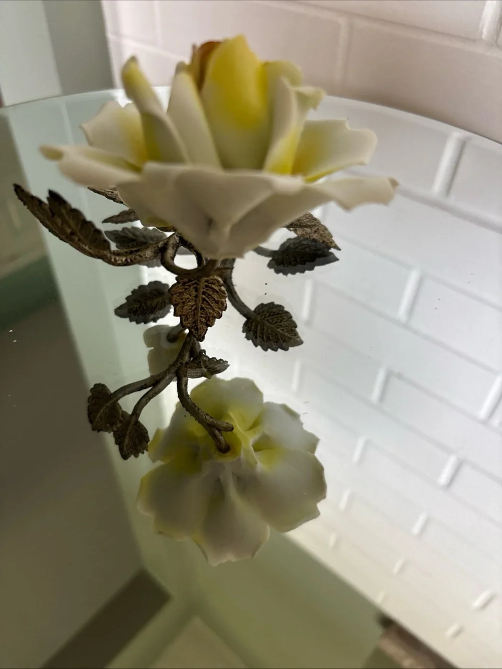 Vintage Yellow Porcelain Rose Accent with Metal Leaves Stand
